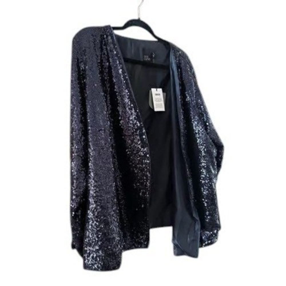 ASOS Curve Sequin Blazer 24 Navy Blue Open Front Long Sleeve Sparkly Jacket - Picture 2 of 8
